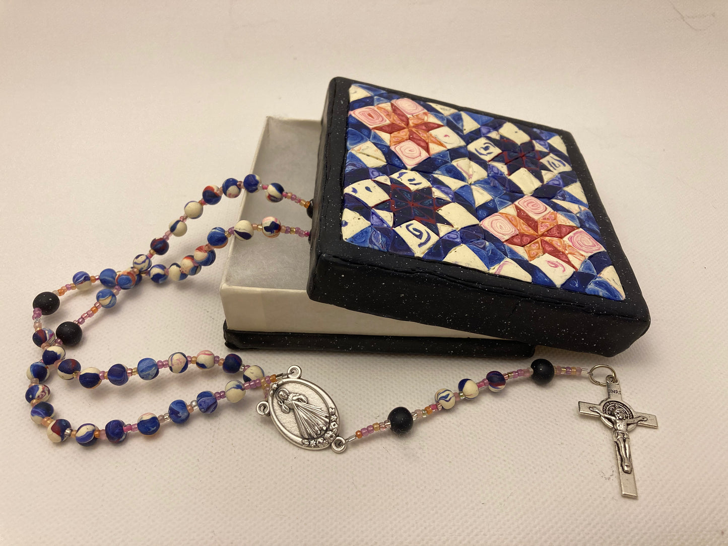 All Hallows Quilt Square Box and Rosary Set Peach and Blue