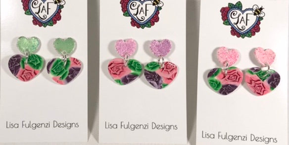 Glitter and Rose Double Heart Post Earrings Light Pink