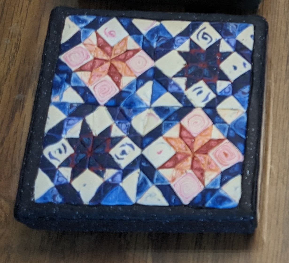 All Hallows Quilt Square Box and Rosary Set Peach and Blue