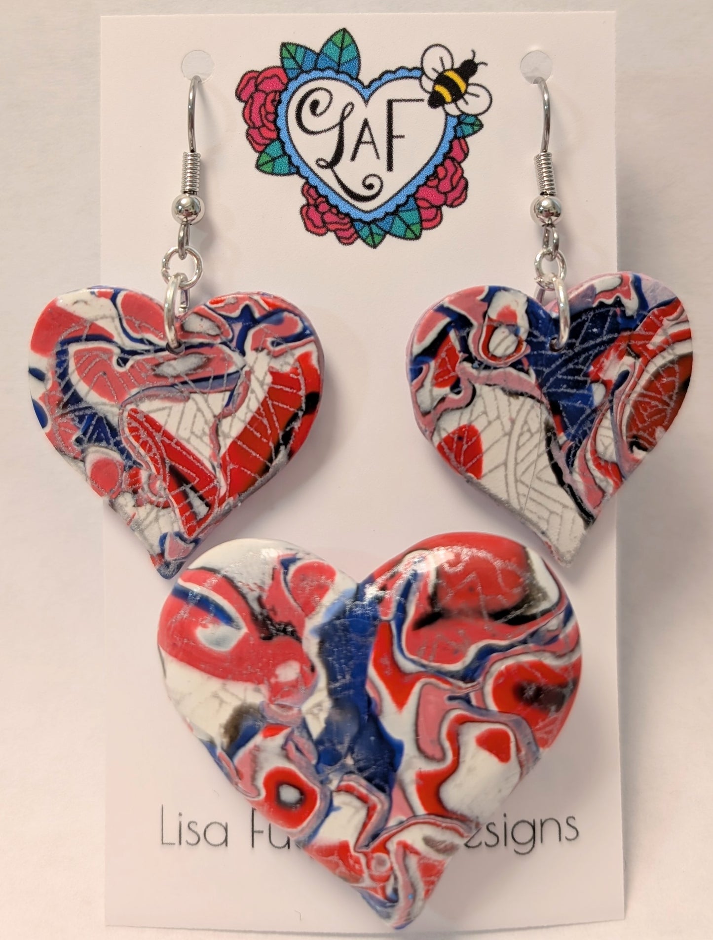 Red White and Blue Silkscreen Hearts Earrings and Brooch Set