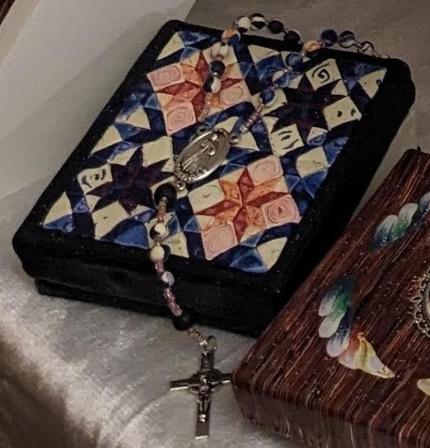 All Hallows Quilt Square Box and Rosary Set Peach and Blue