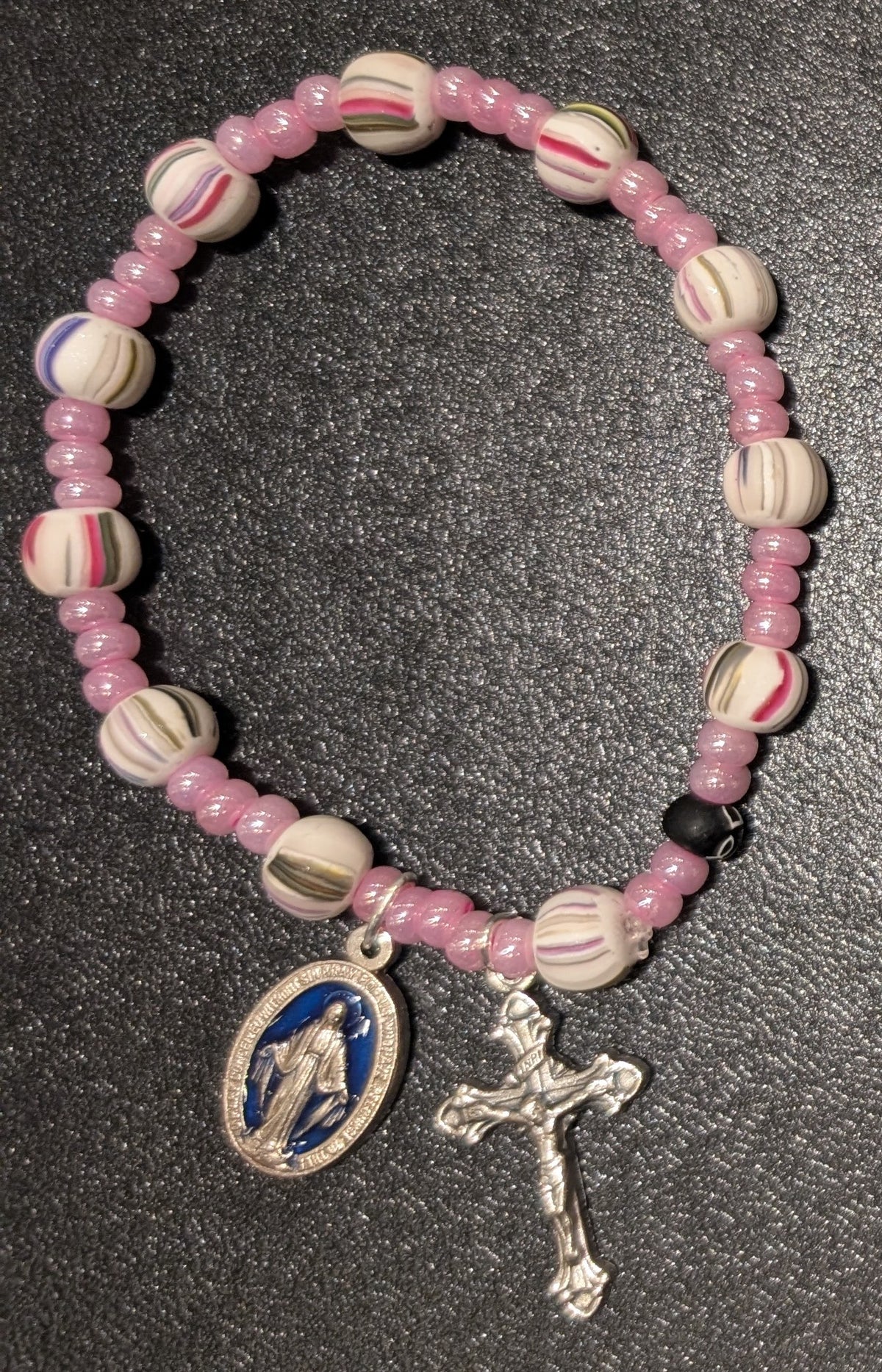 White Multicolor Striped Rosary Bracelet
