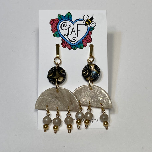 Black and Gold Metallic with Ivory Marble Dangle Post Earrings