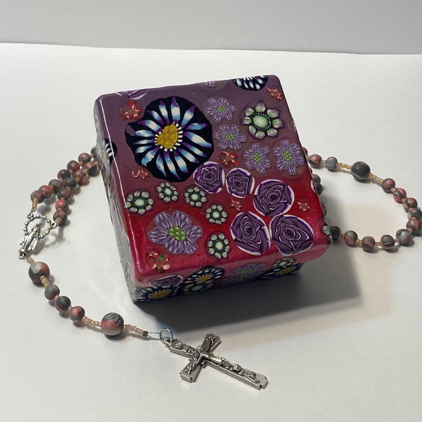 Purple Floral Design Decorative Box and Rosary Set