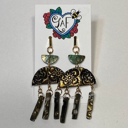 Gold Metallic with Green Rose and Dangle Earrings