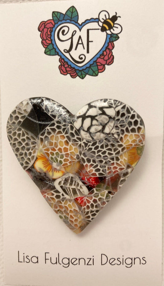 Lace Heart Floral and Silver Silkscreened Brooch