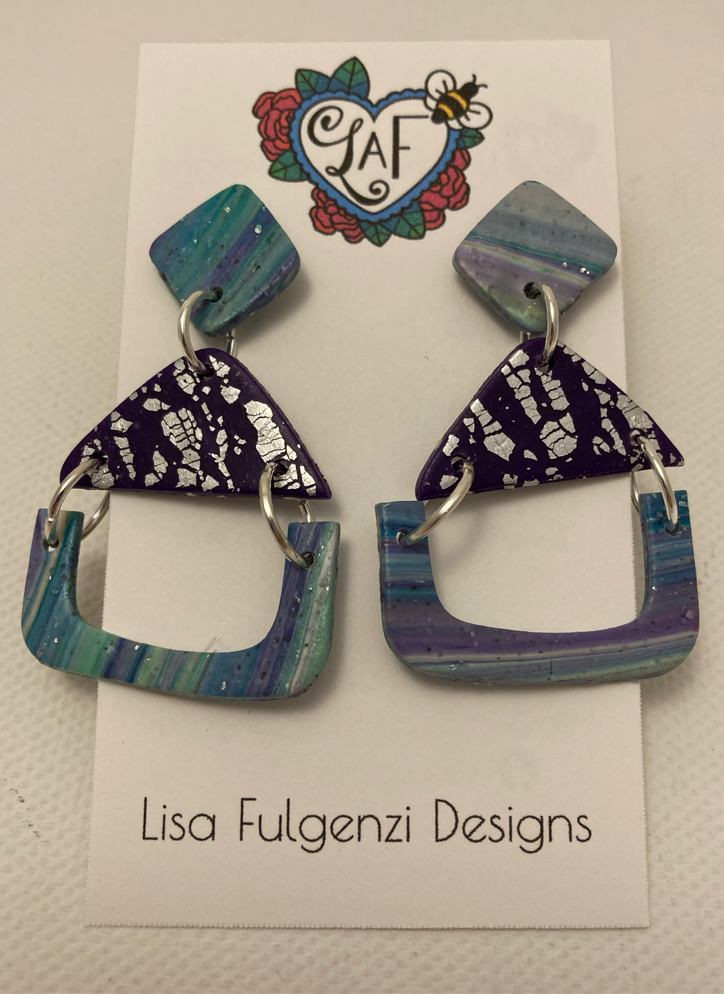 Purple and Turquoise Stripes with Foil Leaf Purple Angular Post Earrings