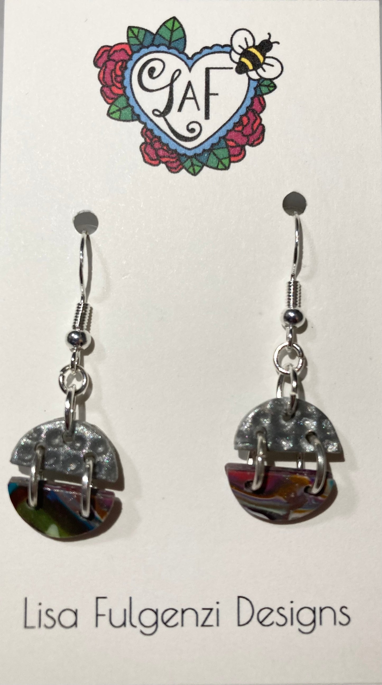 Retro Dots Multicolor with Silver Round Small Drop Earrings