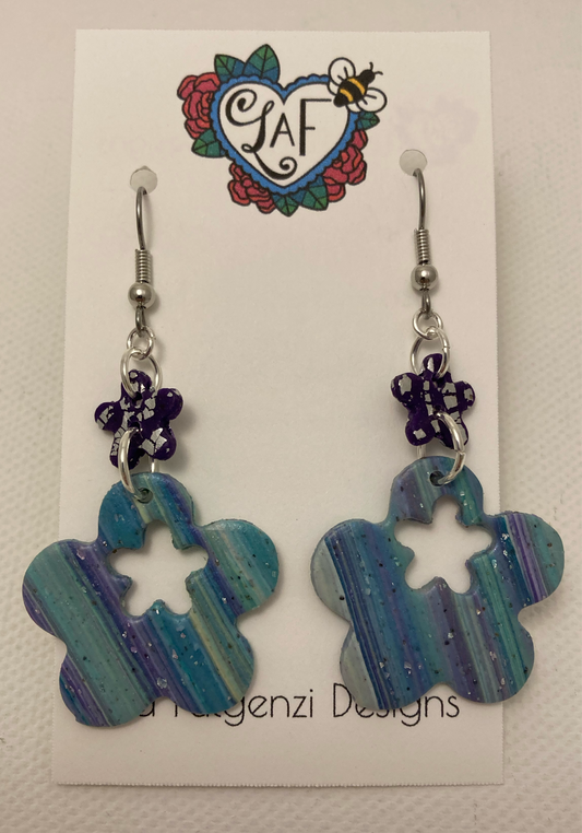 Purple and Turquoise Stripes with Purple Foil Leaf Flowers Drop Earrings