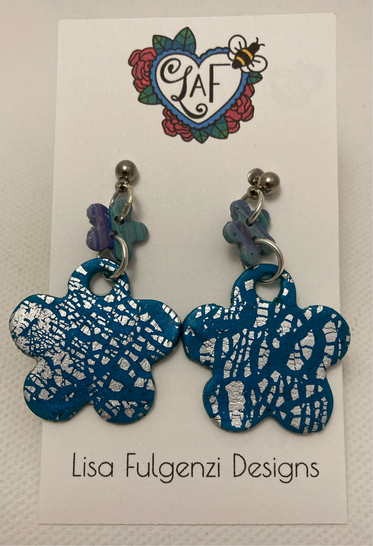 Turquoise Foil Leaf Flowers with Purple and Turquoise Stripes Post Earrings