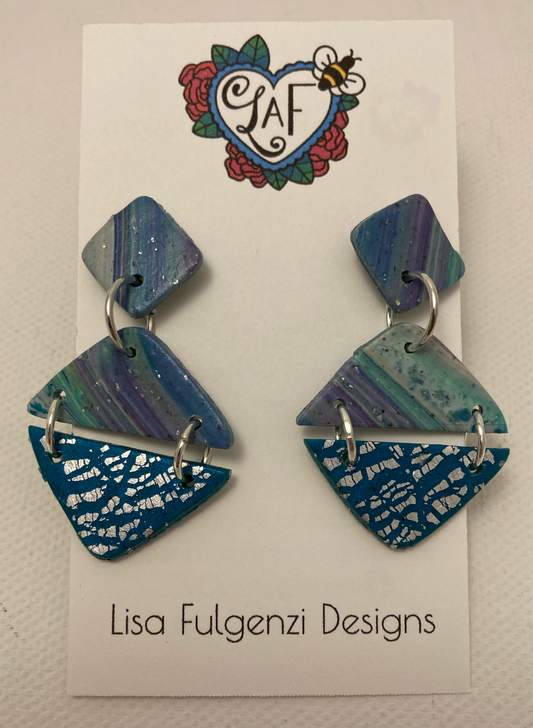 Purple and Turquoise Stripes with Foil Leaf Square Turquoise Post Earrings