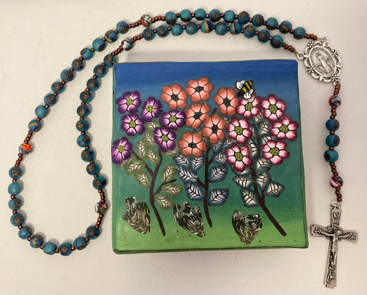 Floral Scene Green and Blue Box and Rosary Set