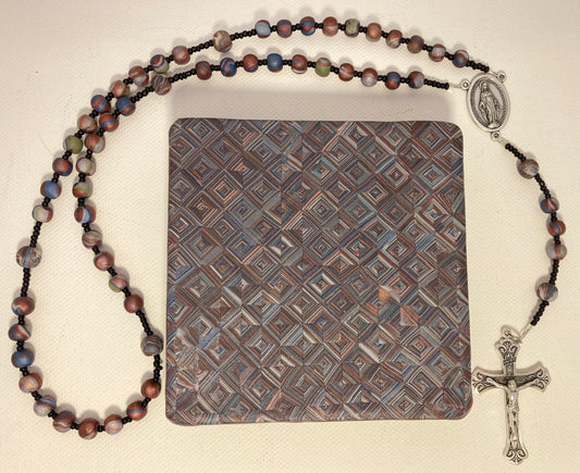 Quilted Bronze and Blue Box and Rosary Set