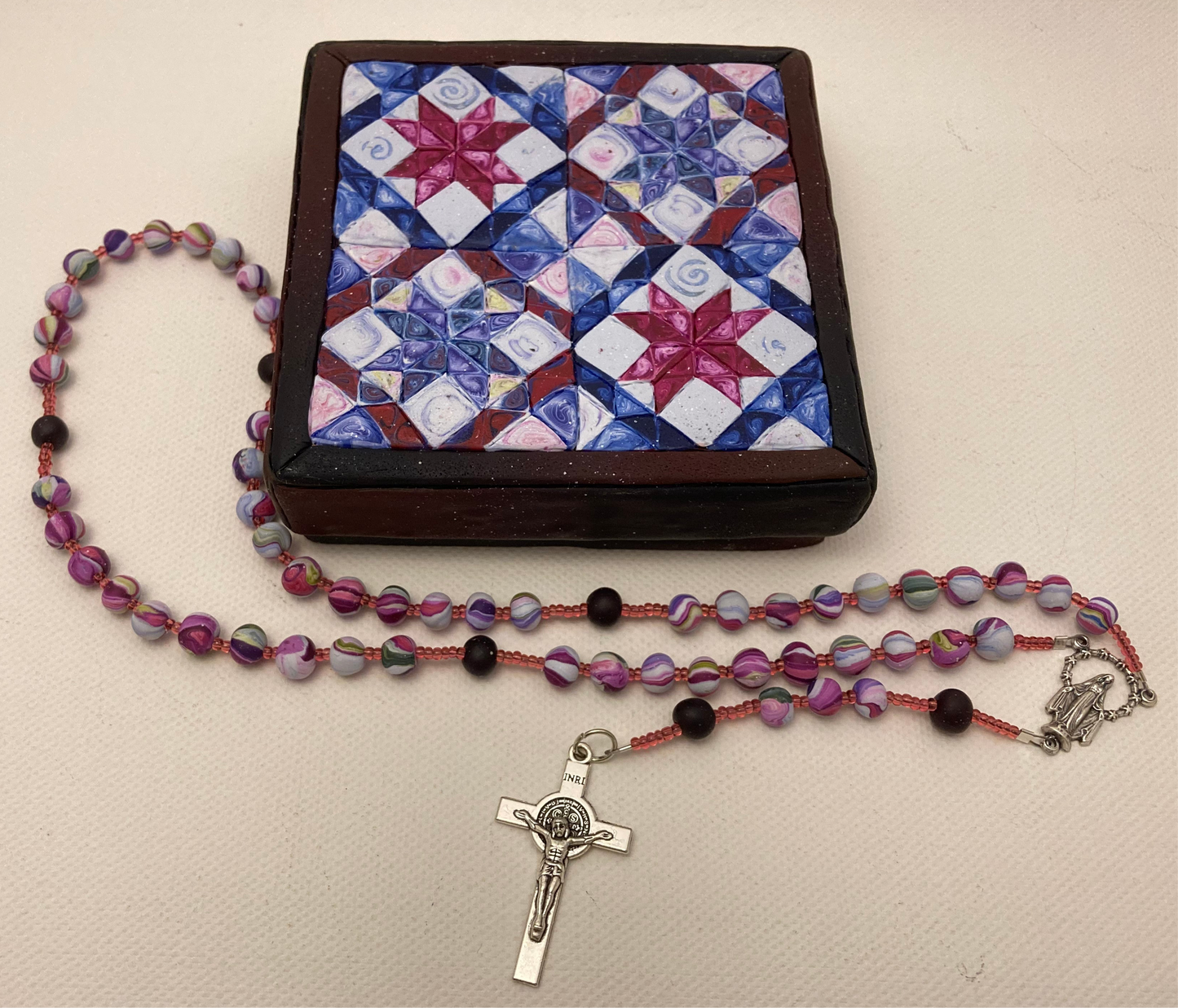 All Hallows Quilt Square Box and Rosary Set Red and Blue