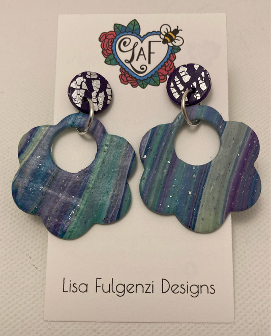 Purple and Turquoise Stripes with Foil Leaf Purple Post Earrings