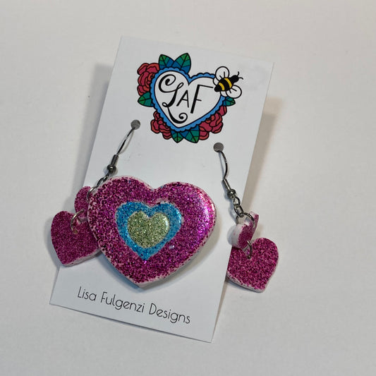 Pink Heart Sparkle Earrings and Brooch