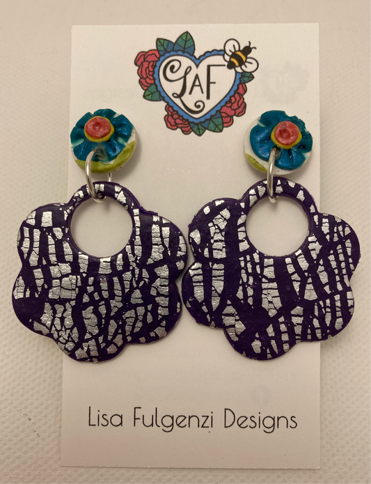 Garden Flowers and Foil Leaf Purple Post Earrings