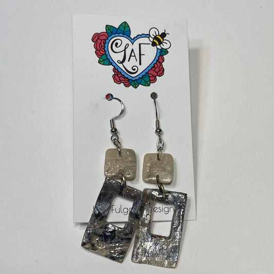 Marble Ivory and Gray Silver Rectangle Earrings