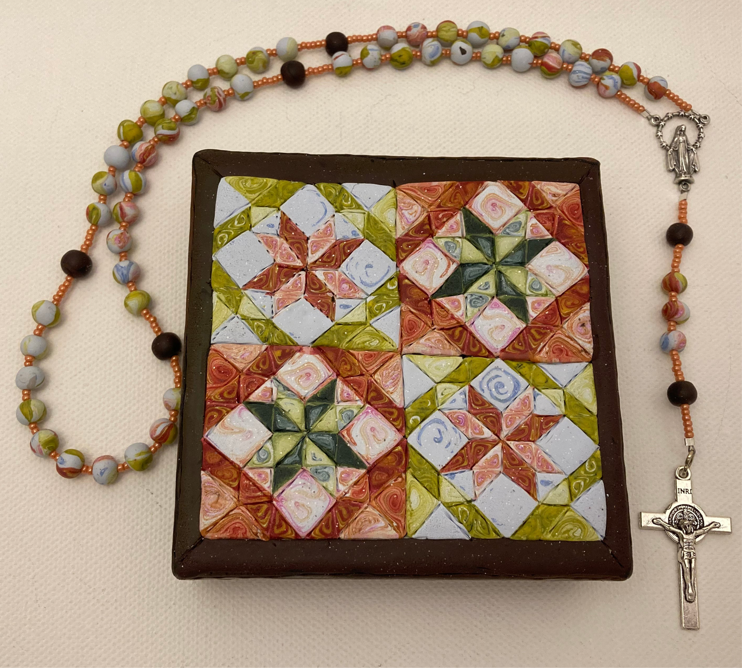 All Hallows Quilt Square Box and Rosary Set Orange and Yellow