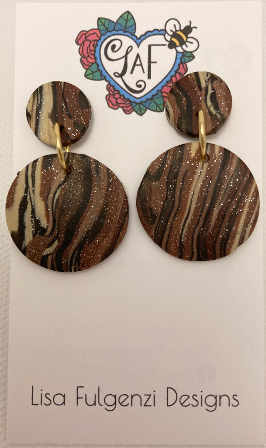 Gold Glitter and Tiger Stripes Medium Round Earrings