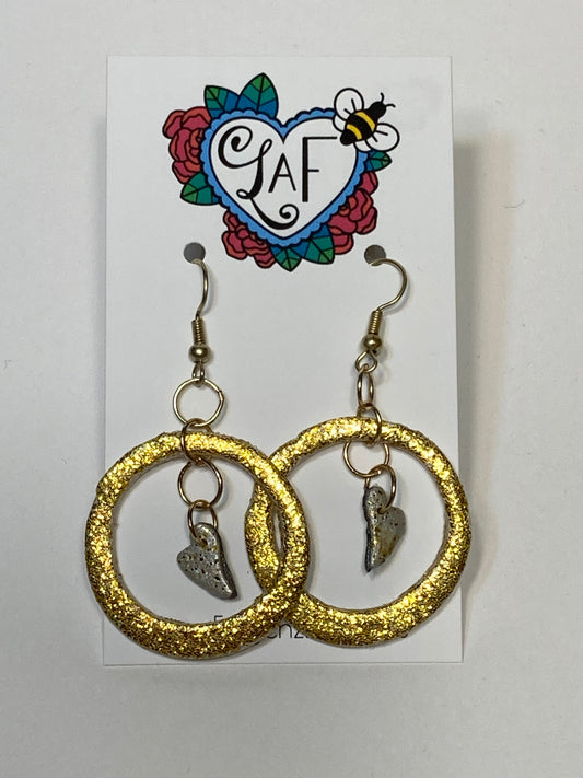 Gold Sparkle and Pearl Heart Dangle Earrings