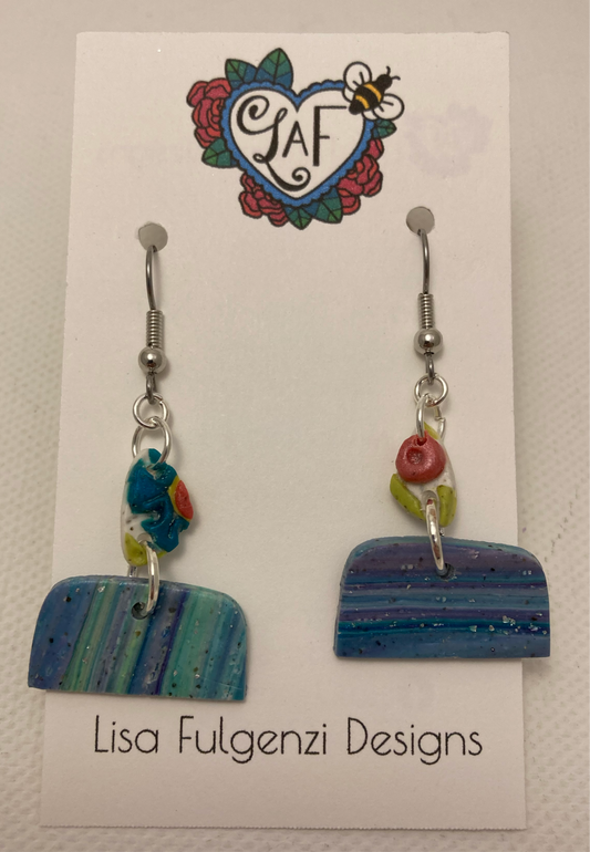 Purple and Turquoise Stripes with Garden Flowers Dangle Earrings