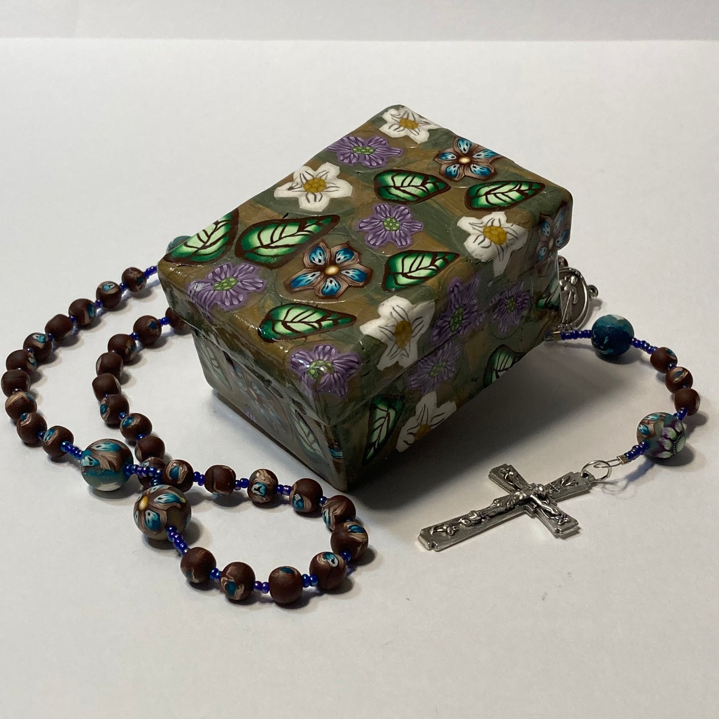 Oak and Floral Box and Rosary