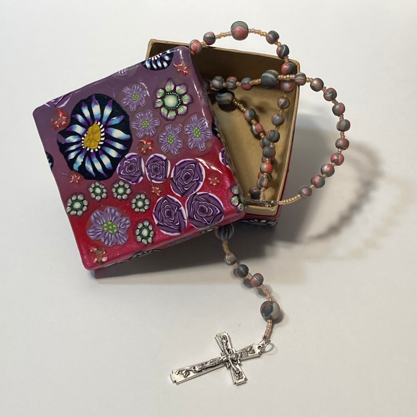 Purple Floral Design Decorative Box and Rosary Set