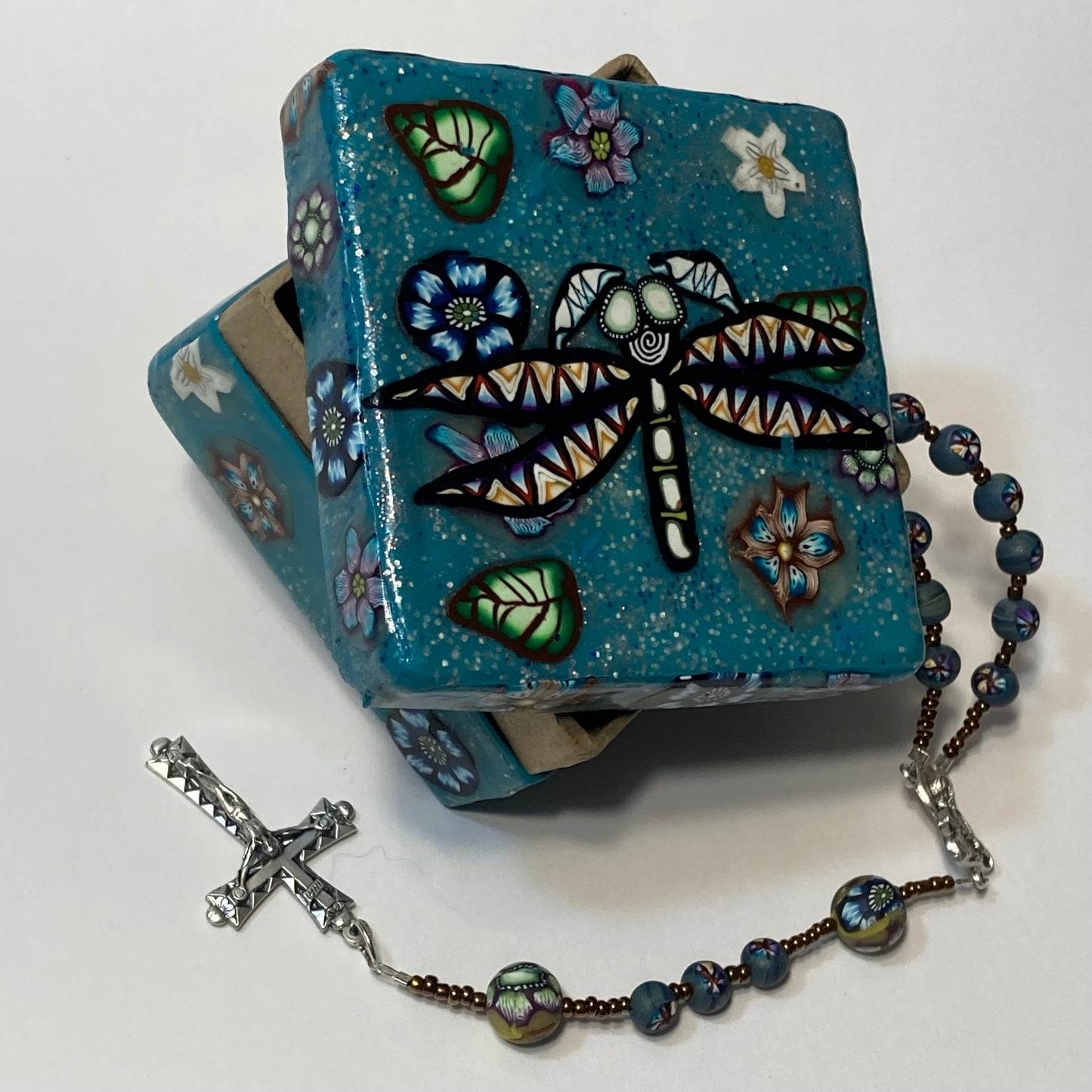 Sapphire Dragonfly Galaxy Sparkle Decorative Box and Rosary