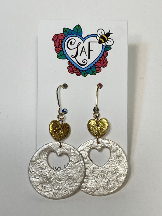 Gold Sparkle Hearts and Pearl Lace Earrings