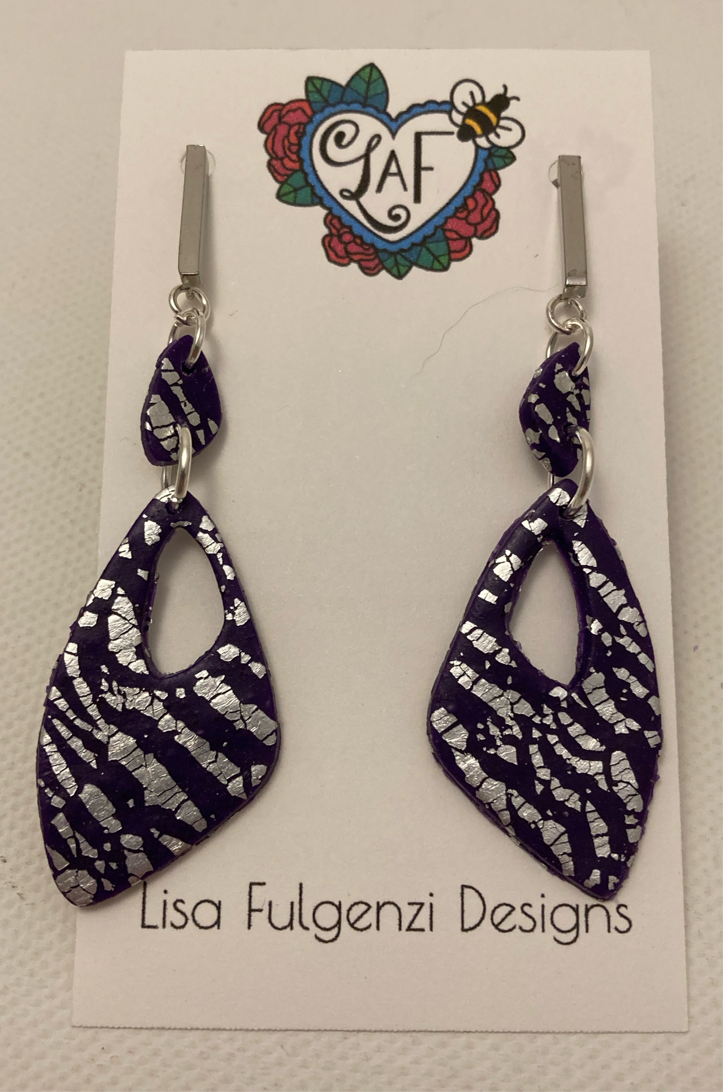 Purple Foil Leaf Angular Silver Post Dangle Earrings