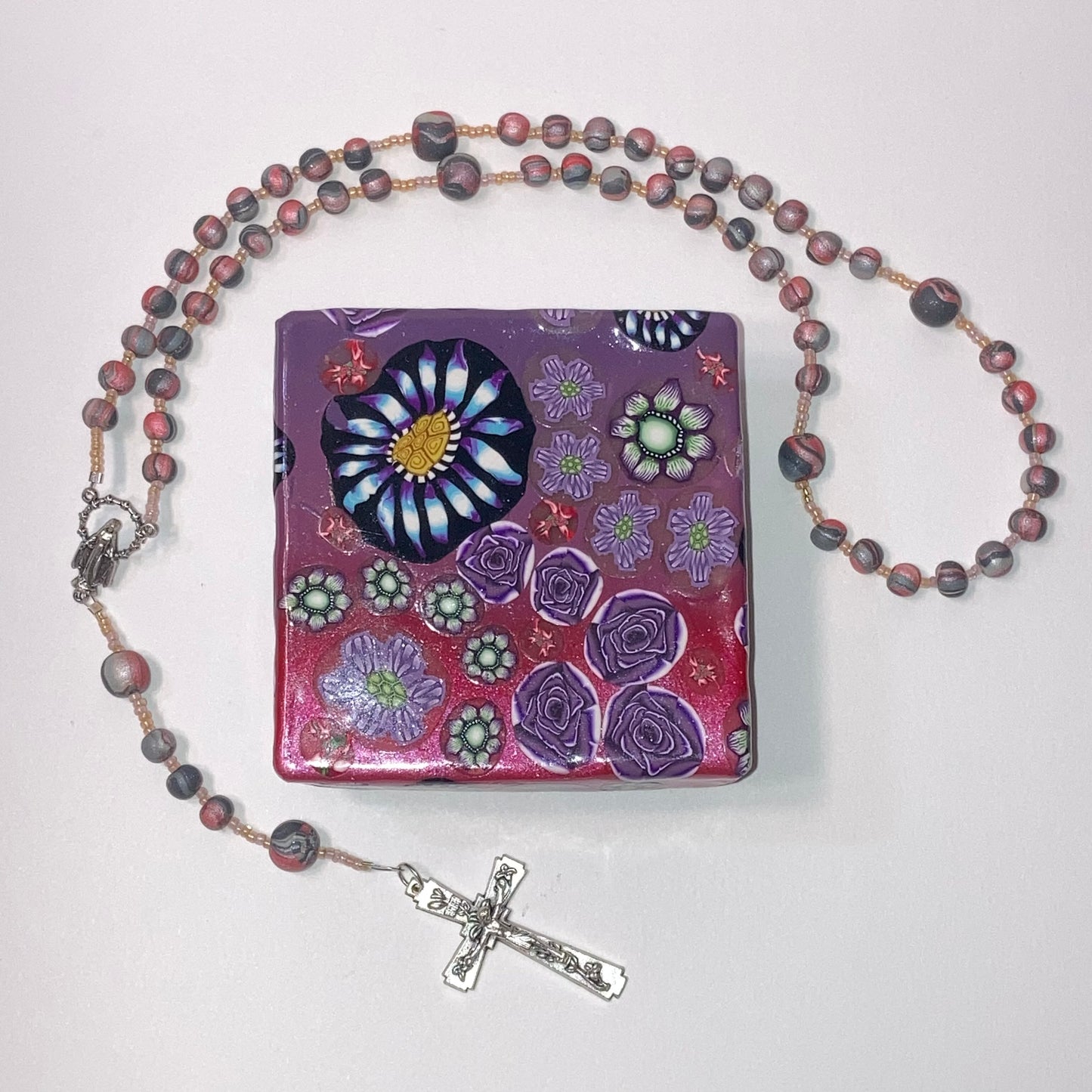 Purple Floral Design Decorative Box and Rosary Set