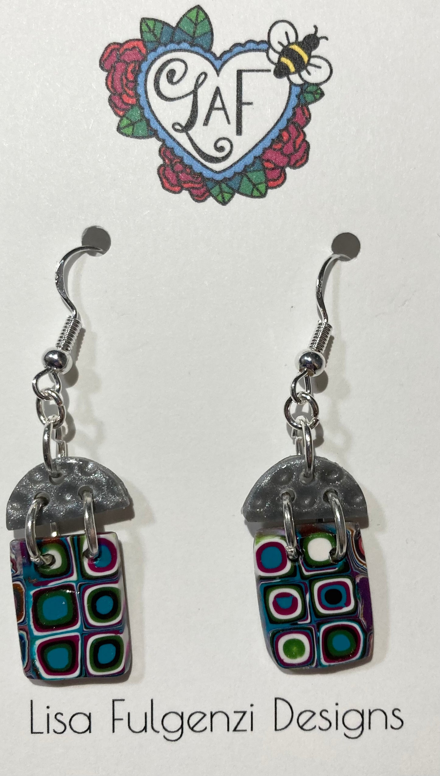 Retro Dots Multicolor with Silver Geometric Shapes Medium Drop Earrings