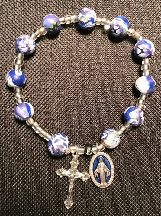 Blue and White Floral and Lace Polymer Clay Rosary Bracelet
