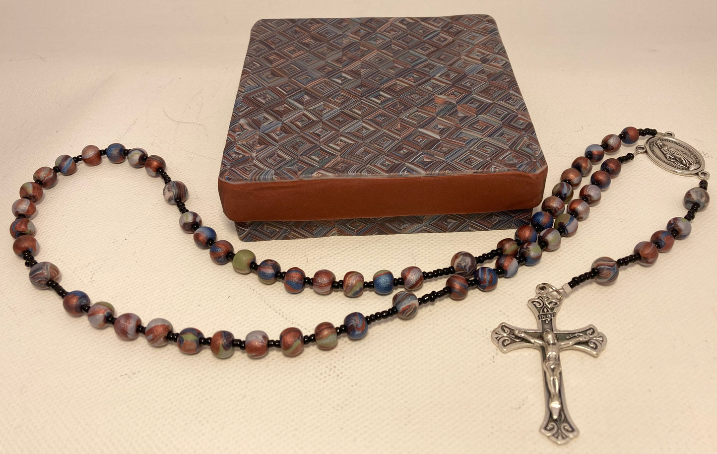 Quilted Bronze and Blue Box and Rosary Set