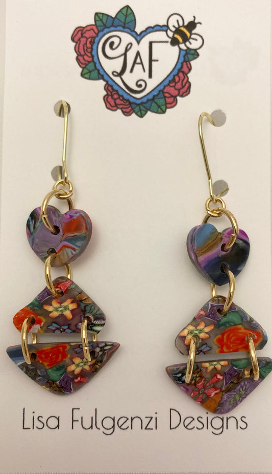 Flower Kaleidoscope with Hearts Angular Drop Earrings