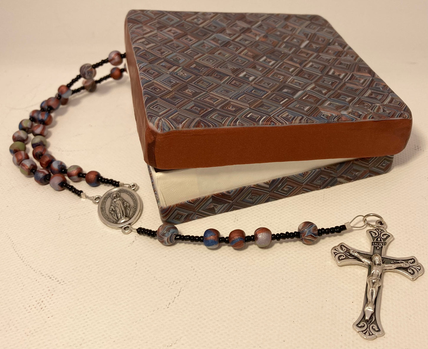 Quilted Bronze and Blue Box and Rosary Set