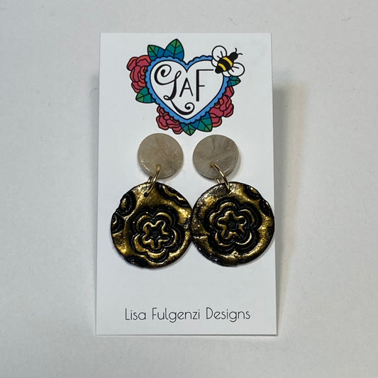 Black and Gold Metallic with Ivory Marble Post Earrings