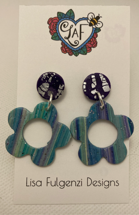 Purple and Turquoise Striped Flower with Foil Leaf Purple Post Earrings