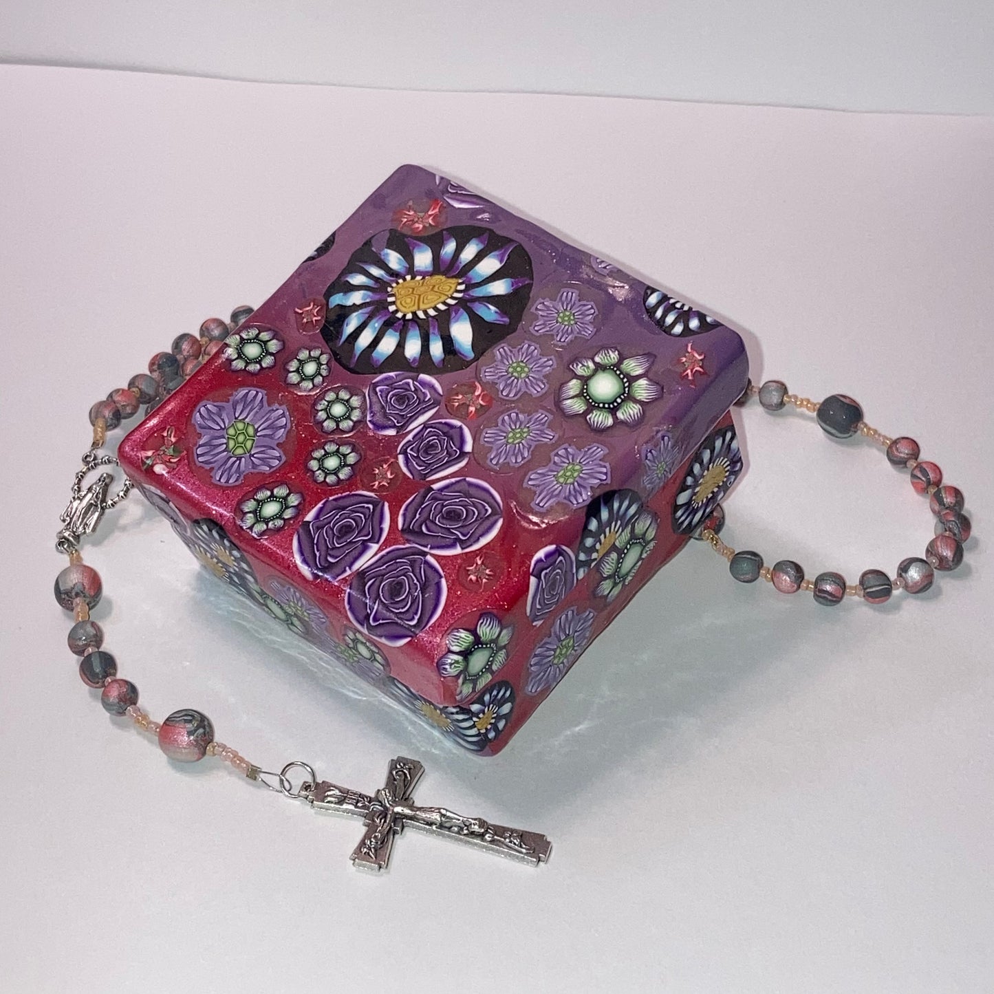 Purple Floral Design Decorative Box and Rosary Set