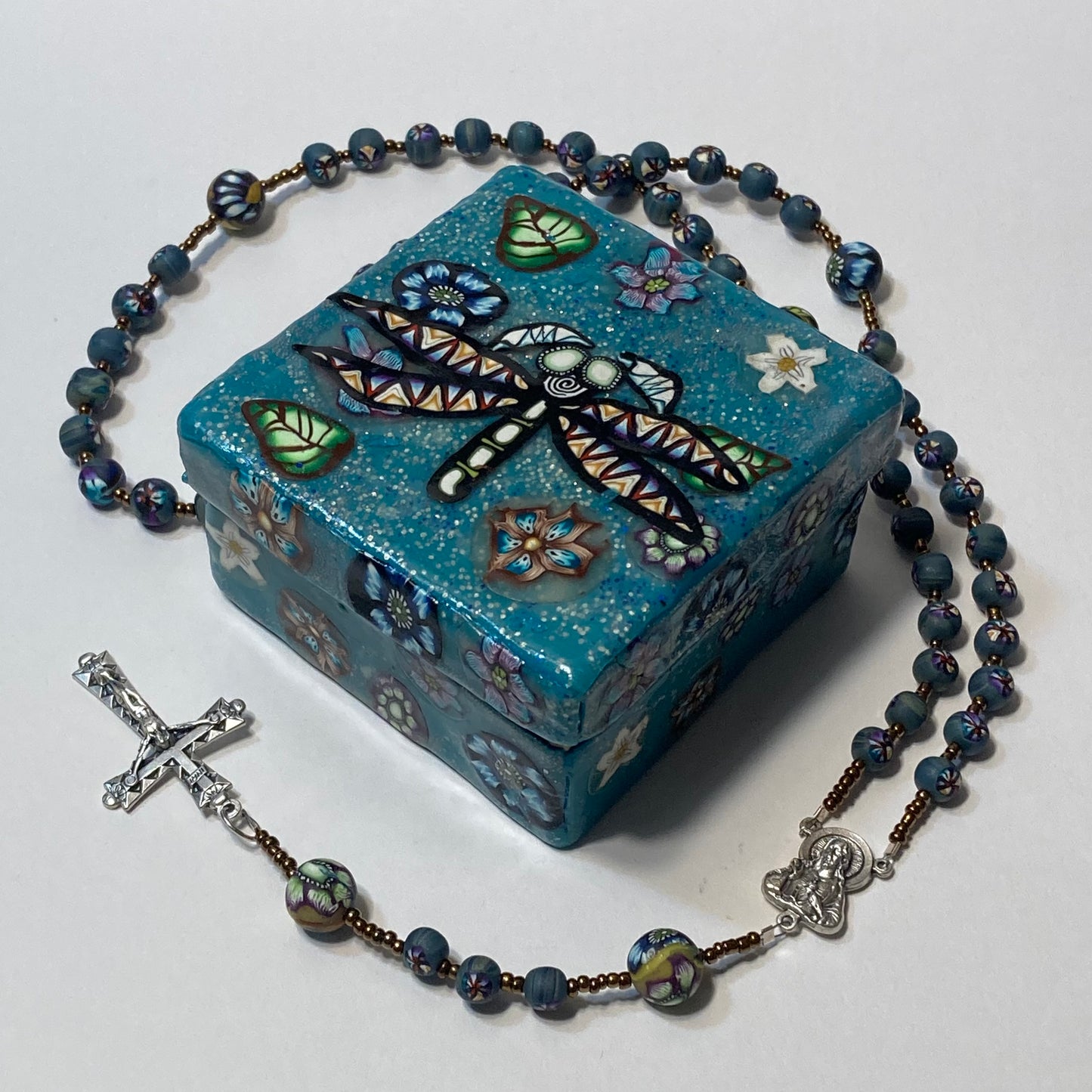 Sapphire Dragonfly Galaxy Sparkle Decorative Box and Rosary