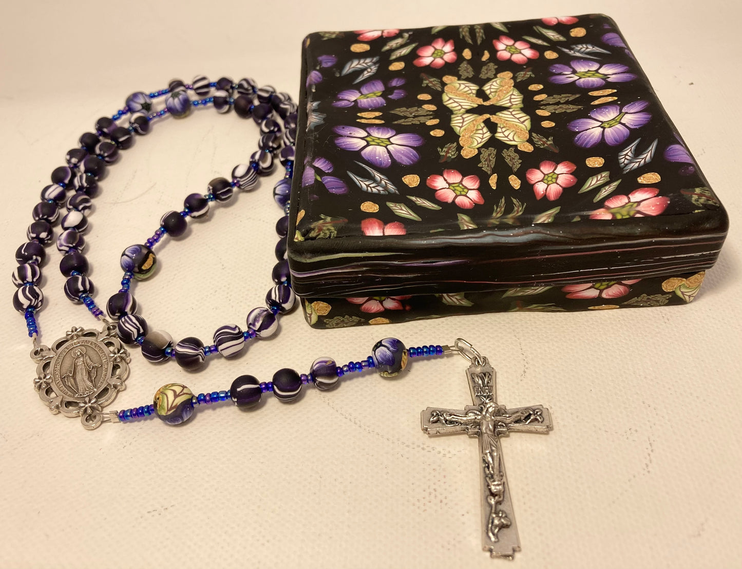 Floral Kaleidoscope Purple and Red 3.5" Box and Rosary