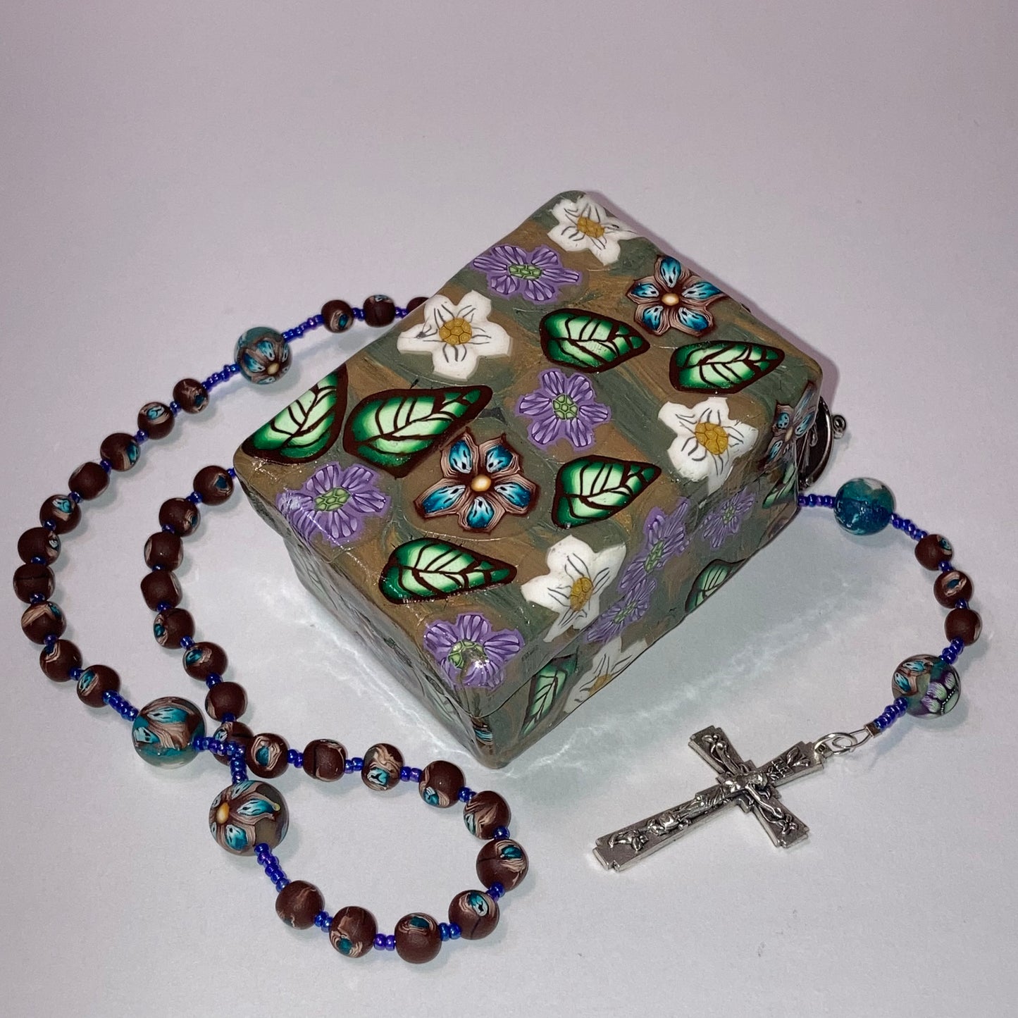 Oak and Floral Box and Rosary