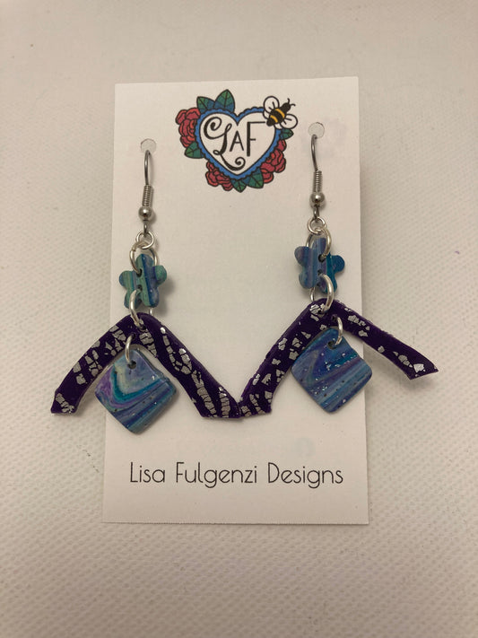 Purple Foil Leaf Angles with Purple and Turquoise Stripes Drop Earrings