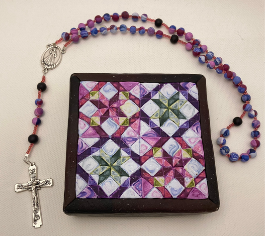 All Hallows Quilt Square Box and Rosary Set Purple and Pink