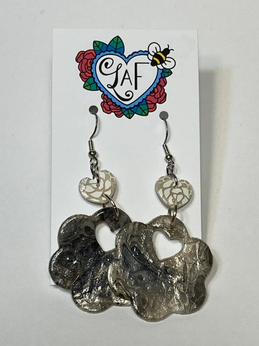 White Heart Rose Lace and Marble Earrings