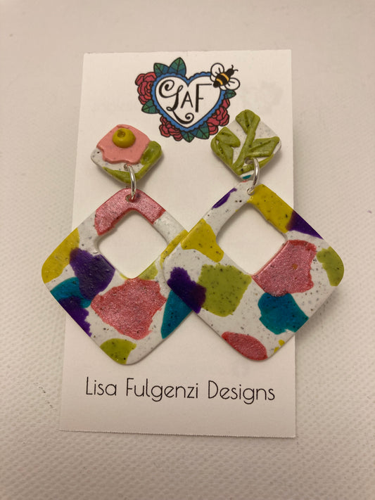 Garden Flowers Square Pastel and Terrazzo Post Earrings