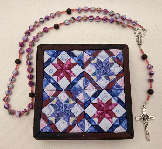 All Hallows Quilt Square Box and Rosary Set Red and Blue