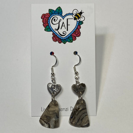 Marble Heart and Silver Dangle Earrings