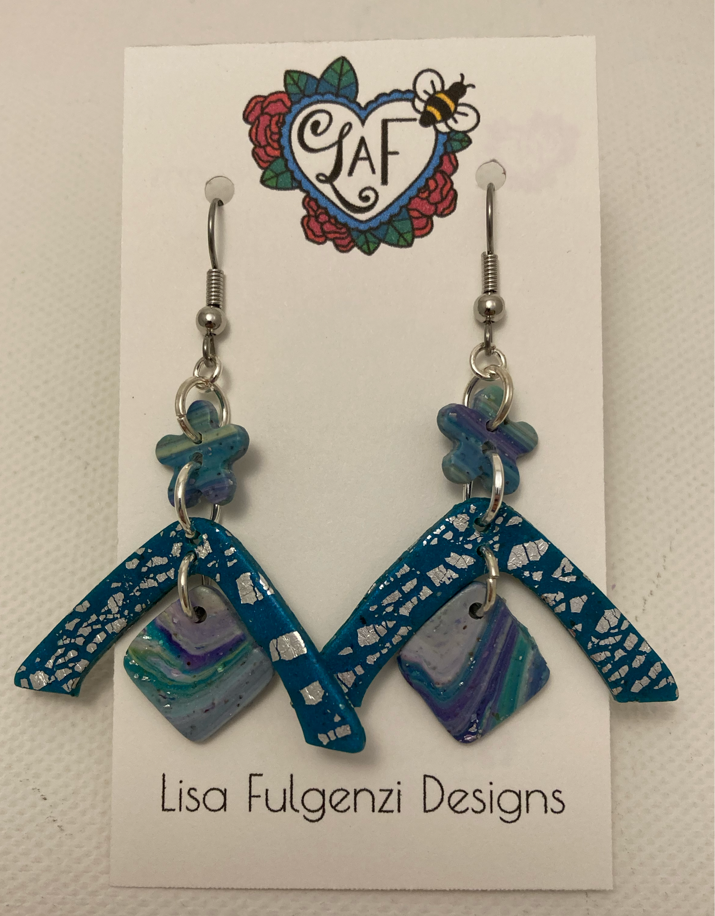 Turquoise Foil Leaf Angles with Purple and Turquoise Stripes Drop Earrings